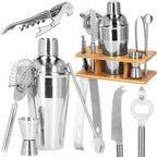 Set Cocktail Shaker Kit pentru barmani 550ml, KI22, suport bambus, 9 piese