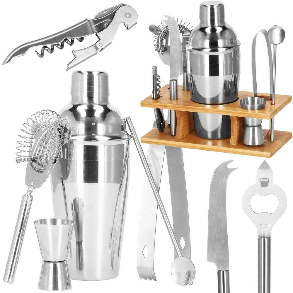 Set Cocktail Shaker Kit pentru barmani 550ml, KI22, suport bambus, 9 piese