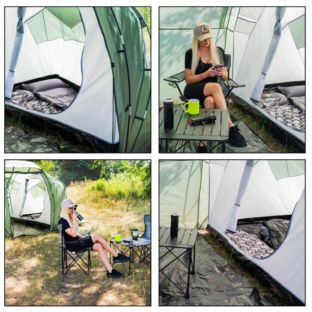 Cort camping, impemeabil, 2 camere + hol, 4 locuri, 460x200x245cm, verde