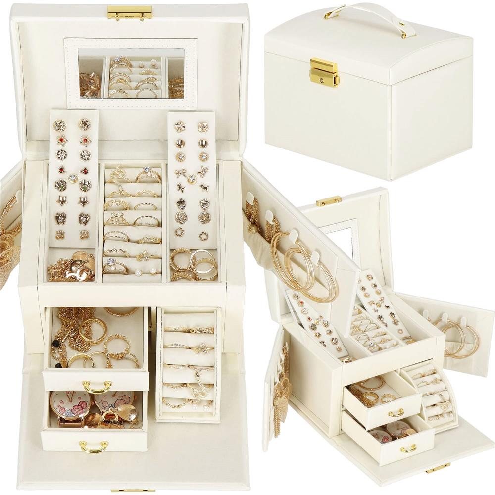 (DL) Cutie depozitare si organizare bijuterii, MDF, piele ecologica, 17,5 x 12 x 13,5 cm., crem