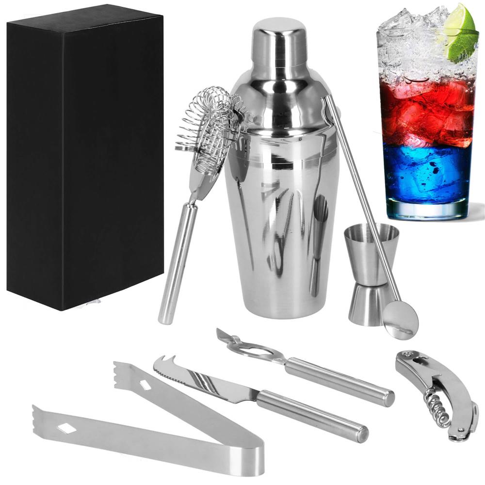 Set Cocktail Shaker Kit pentru barmani 550ml, KI22, suport bambus, 9 piese