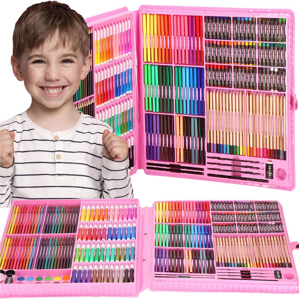 Set de pictura si desen pentru copii, 258 de piese, trusa plastic roz