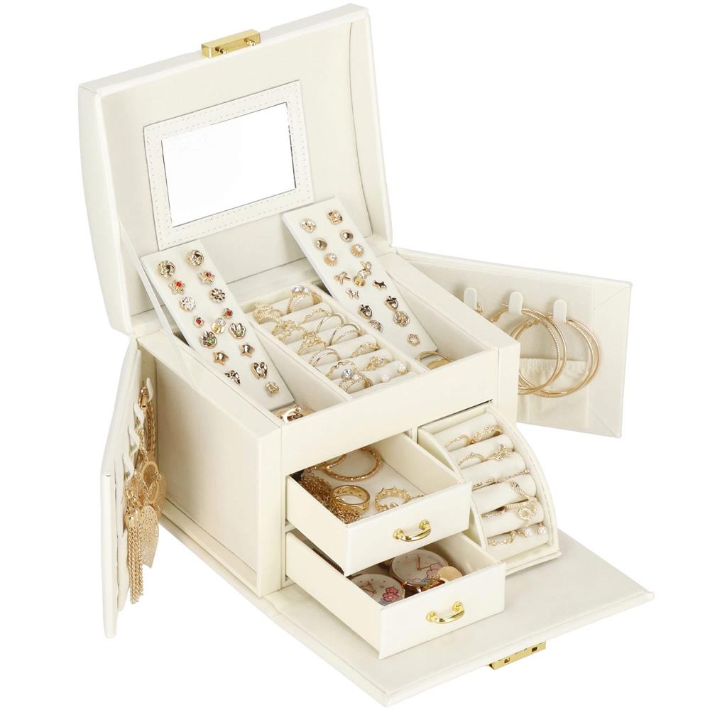 (DL) Cutie depozitare si organizare bijuterii, MDF, piele ecologica, 17,5 x 12 x 13,5 cm., crem