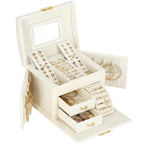 (DL) Cutie depozitare si organizare bijuterii, MDF, piele ecologica, 17,5 x 12 x 13,5 cm., crem