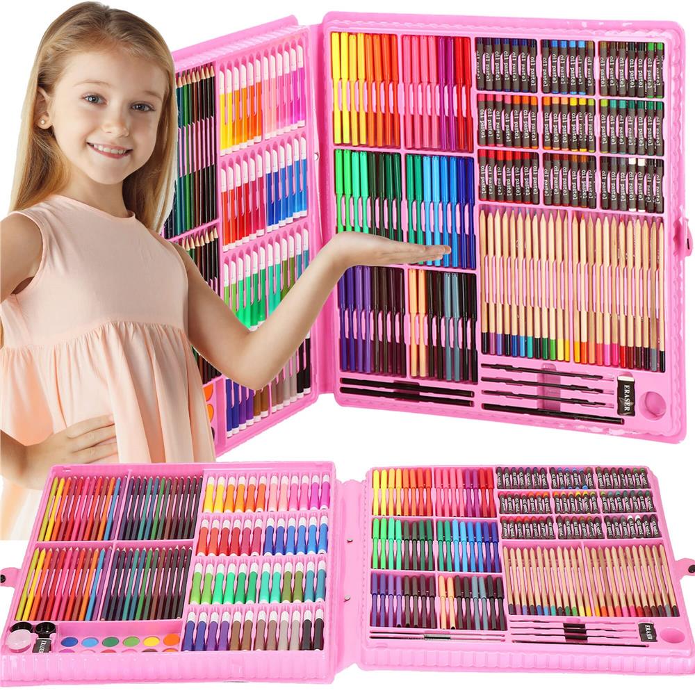 Set de pictura si desen pentru copii, 258 de piese, trusa plastic roz