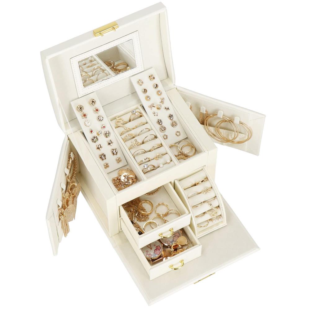 (DL) Cutie depozitare si organizare bijuterii, MDF, piele ecologica, 17,5 x 12 x 13,5 cm., crem