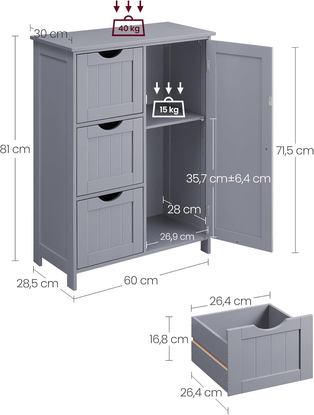 VASAGLE Dulap de baie, din MDF, cu 3 sertare, raft reglabil, 30x60x81cm, gri