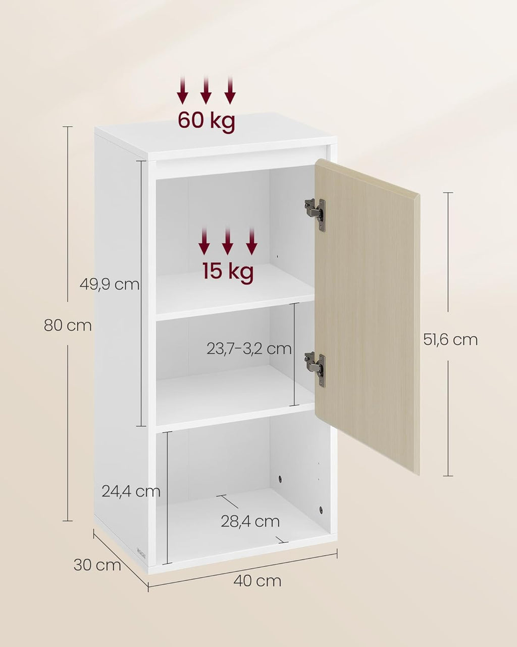 VASAGLE Dulap de baie de perete cu 3 polite, usa cu directie de deschidere reglabila, 30x40x80 cm, alb cu bej