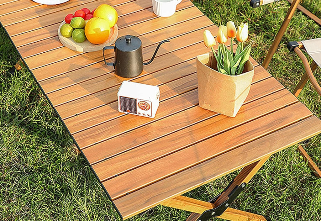 Masa pentru camping cu sistem de pliere rapida, cadru metalic, 90x60x44cm, maro