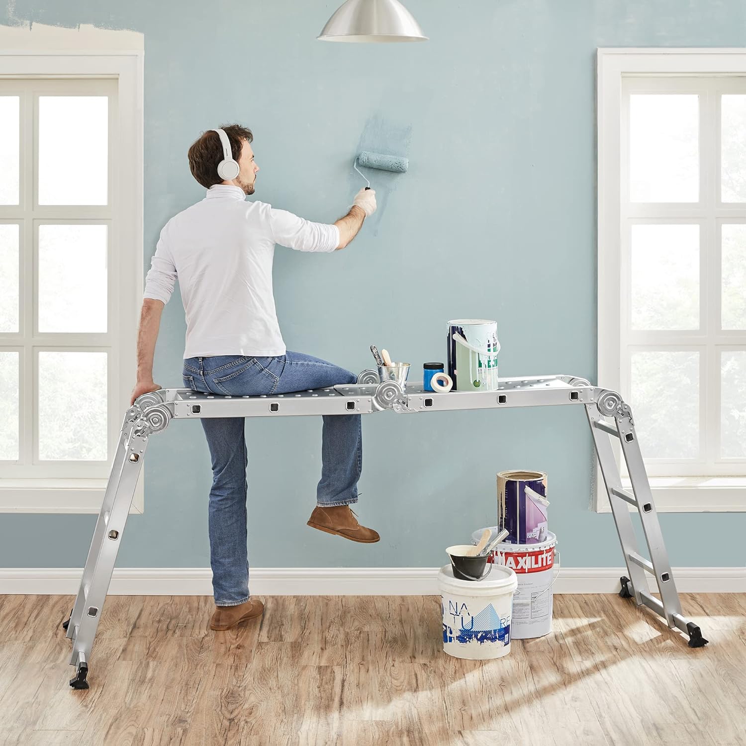 SONGMICS Scara multifunctionala din aluminiu, cu 2 placi tip platforma, 12 trepte, sarcina 150 kg, gri