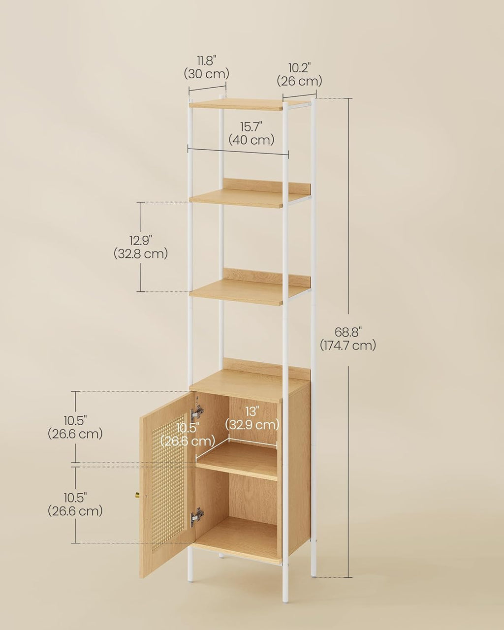 VASAGLE Biblioteca cu 6 etaje, cadru metalic, usa cu efect ratan Boho, 30x40x175 cm, alb si bej