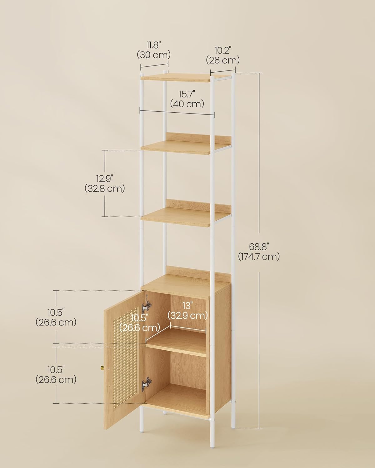 VASAGLE Biblioteca cu 6 etaje, cadru metalic, usa cu efect ratan Boho, 30x40x175 cm, alb si bej
