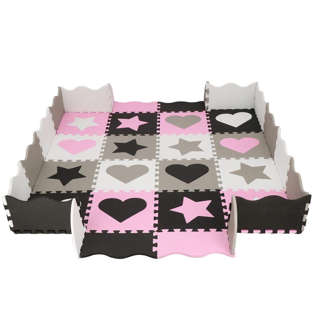 Covor din spuma pentru copii, tip puzzle forme, 52 piese, termoizolant, 150x150 cm, gri roz