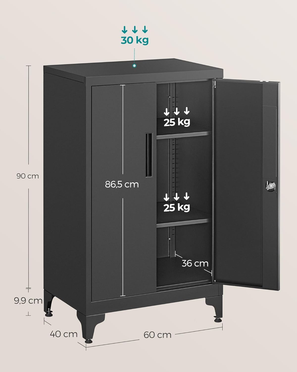 SONGMICS Dulap de birou multifunctional, din otel, 2 usi cu incuietoare, 40x60x90 cm, negru