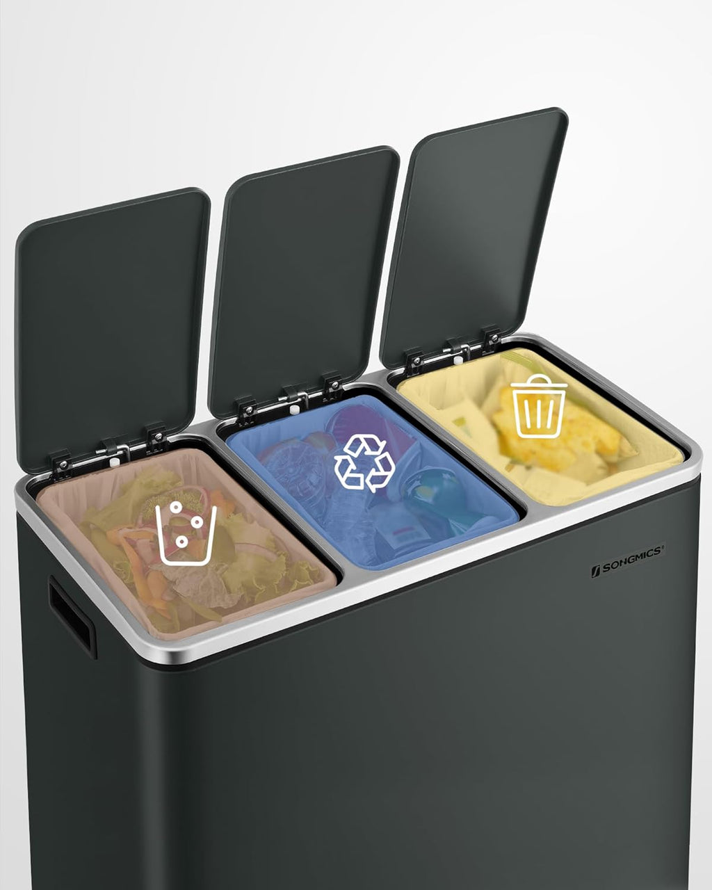 SONGMICS Cos de gunoi din inox cu 3 compartimente colectare selectiva, cu galeti interioare, 3x18litri, gri inchis