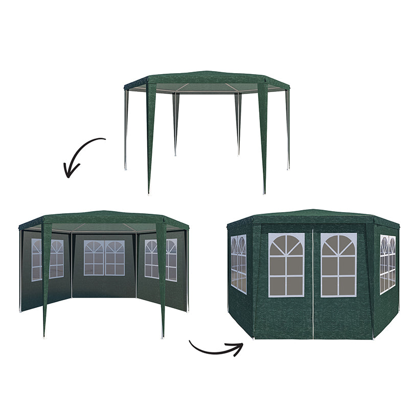 Cort pavilion de gradina hexagonal, 200x200 cm, cu pereti laterali cu ferestre, impermeabil cu rezistenta UV, verde