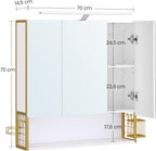 VASAGLE Dulap de baie de perete, 3 usi cu oglinda, compartiment deschis, 15x70x70 cm, alb auriu
