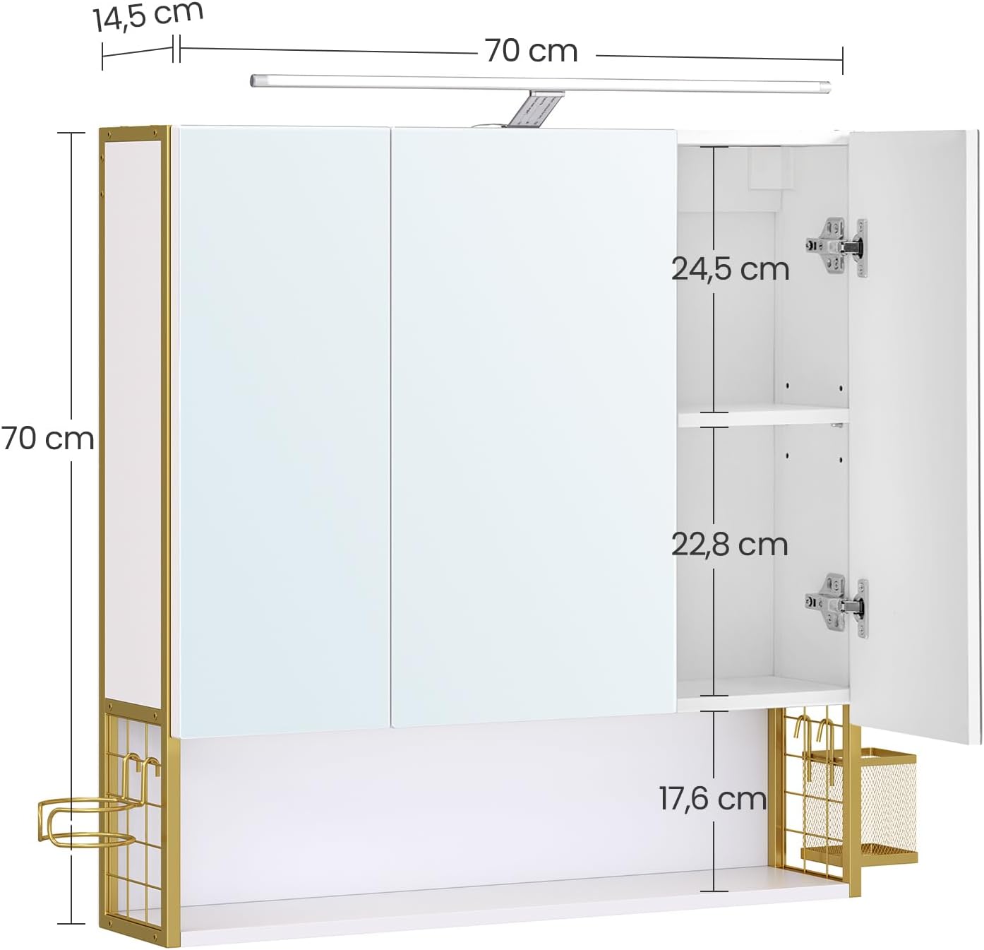 VASAGLE Dulap de baie de perete, 3 usi cu oglinda, compartiment deschis, 15x70x70 cm, alb auriu