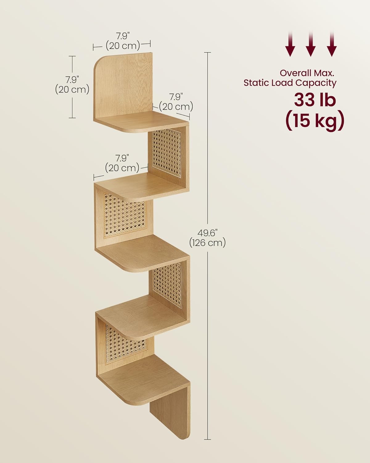 VASAGLE Raft de colt plutitor pe 5 niveluri, stil boho, 20x20x126 cm, bej