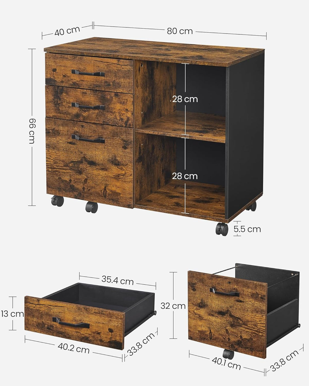 VASAGLE Dulap mobil tip rollbox pentru birouri, sertar cu sina suport dosare, stil industrial, 40x80x66 cm, maro rustic