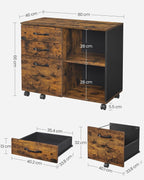 VASAGLE Dulap mobil tip rollbox pentru birouri, sertar cu sina suport dosare, stil industrial, 40x80x66 cm, maro rustic