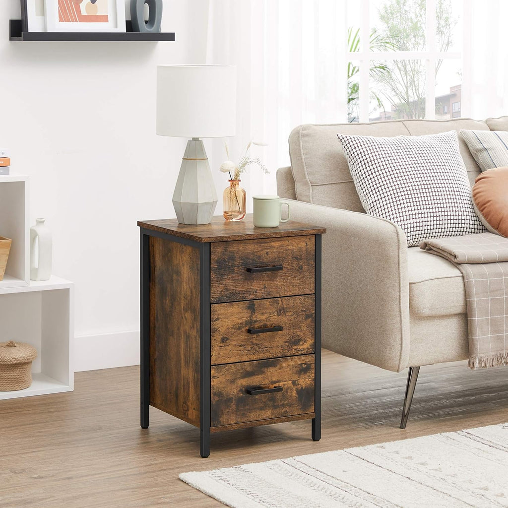 VASAGLE Noptiera cu 3 sertare pentru dormitor, design industrial, 40x40x60cm, maro rustic