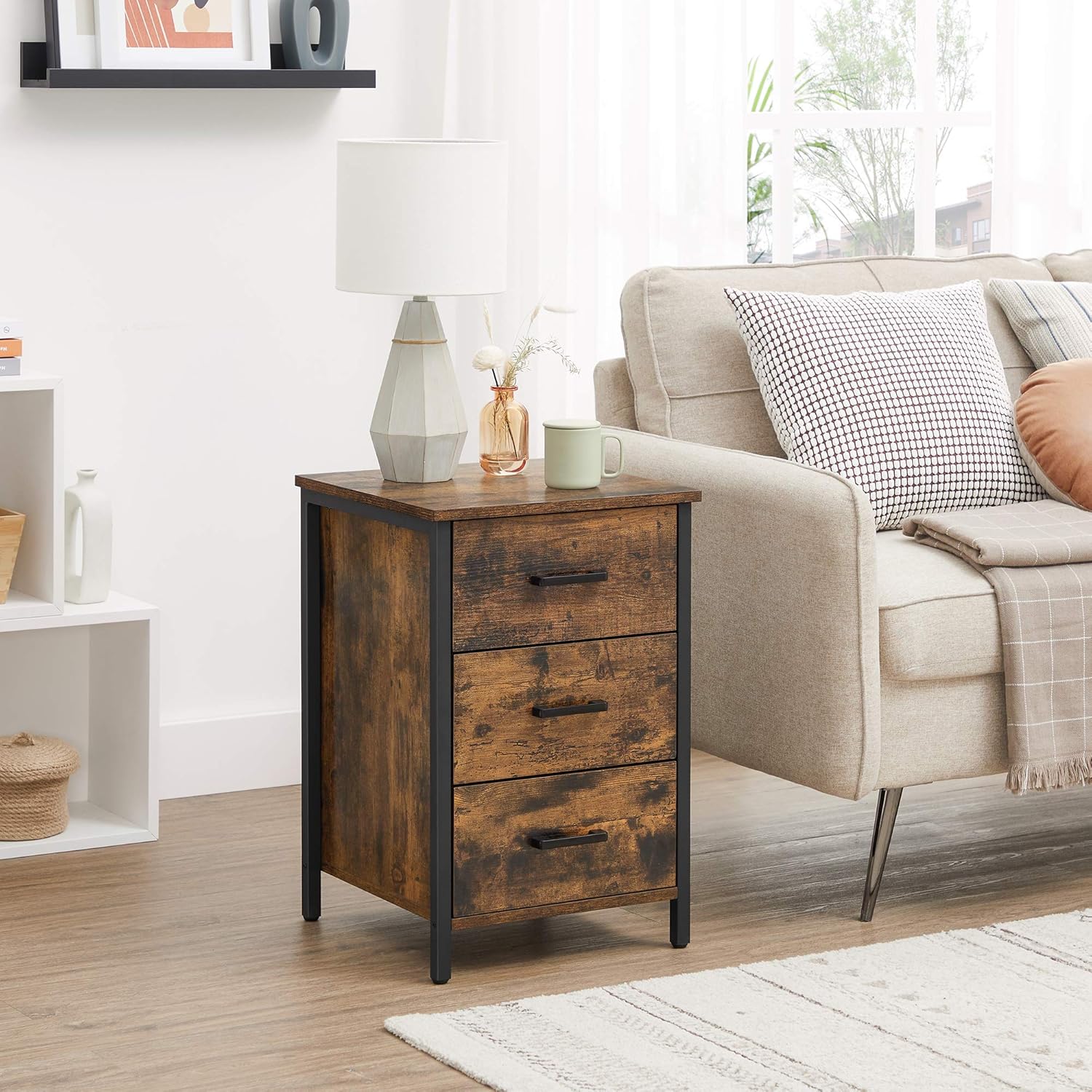 VASAGLE Noptiera cu 3 sertare pentru dormitor, design industrial, 40x40x60cm, maro rustic