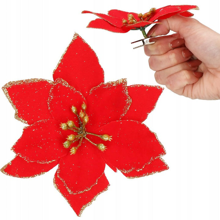 Set 10 ornamente pentru bradul de Craciun, stea Poinsettia, 13cm, rosu cu sclipici