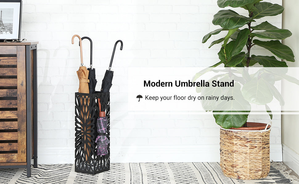 SONGMICS Suport metalic pentru umbrele, cu carlige si tava de picurare, 16x16x49cm, negru