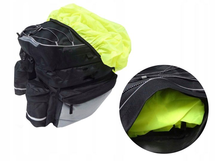 Geanta portbagaj bicicleta dubla, 8 buzunare laterale, 39x34x43cm, negru cu elemente reflectorizante gri, protectie impermeabila