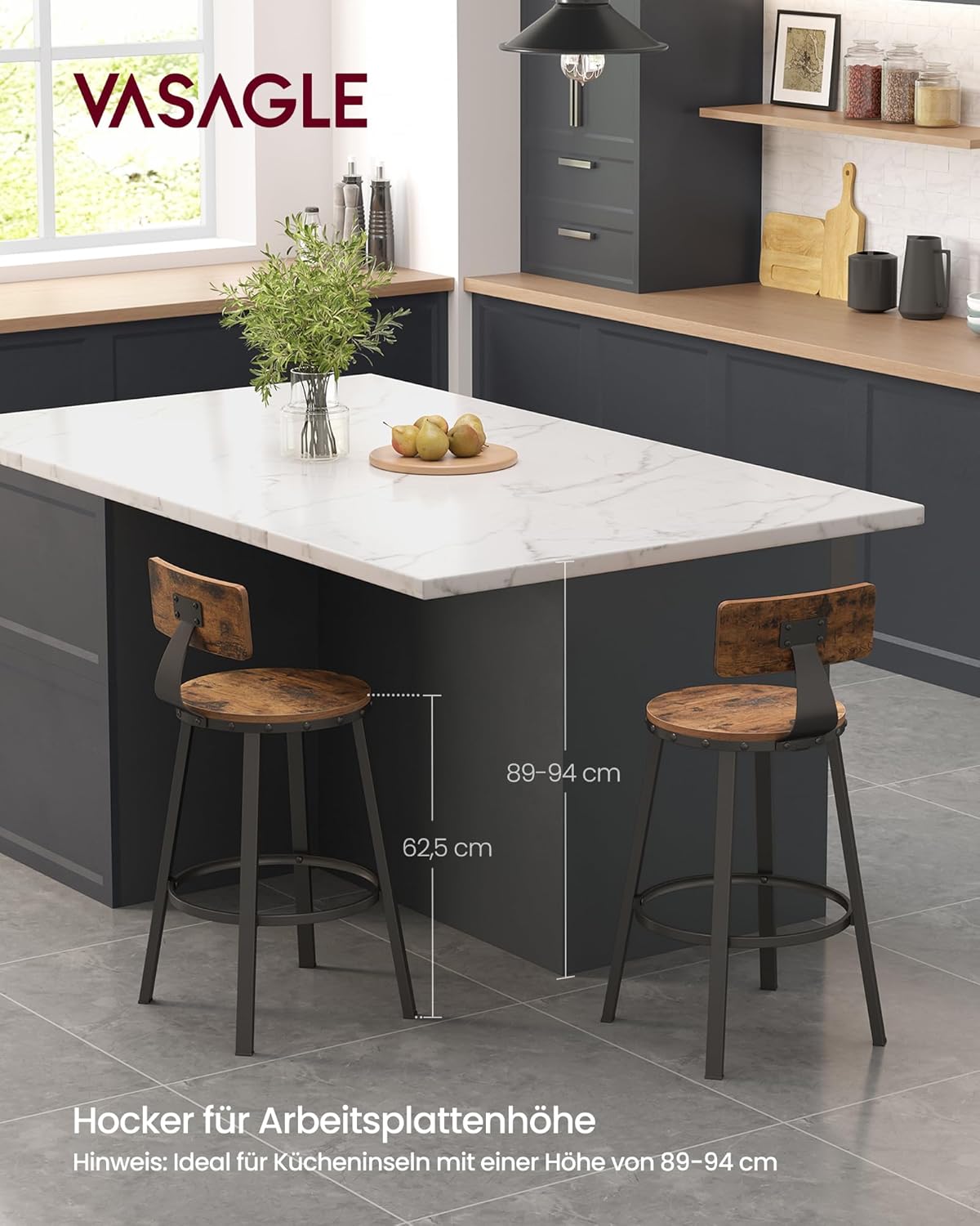 VASAGLE Set de 2 scaune de bar inalte cu spatar, cadru din otel, industrial, 51x89cm, maro rustic