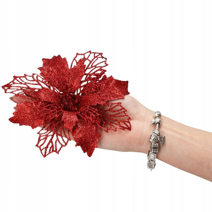 Set 10 ornamente pentru bradul de Craciun, stea Poinsettia, 16cm, visiniu