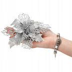 Set 10 ornamente pentru bradul de Craciun, stea Poinsettia, 16cm, argintiu