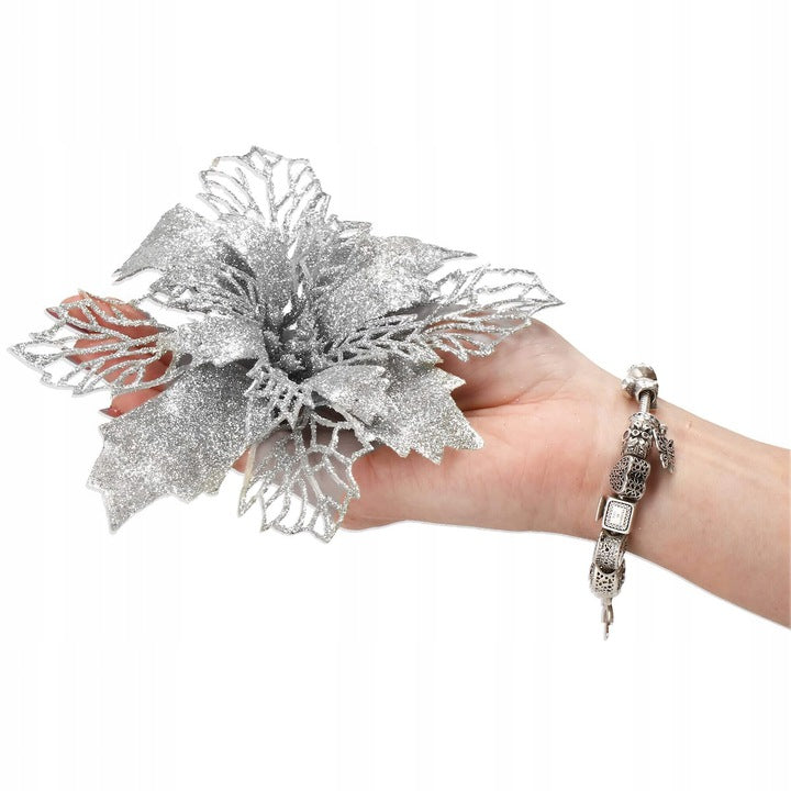 Set 10 ornamente pentru bradul de Craciun, stea Poinsettia, 16cm, argintiu