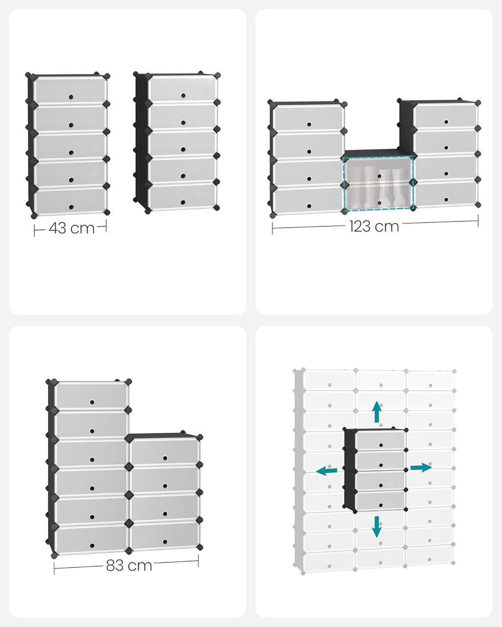 SONGMICS Dulap de depozitare pantofi modular, configurabil cu 10 compartimente, 43x31x173 cm, negru