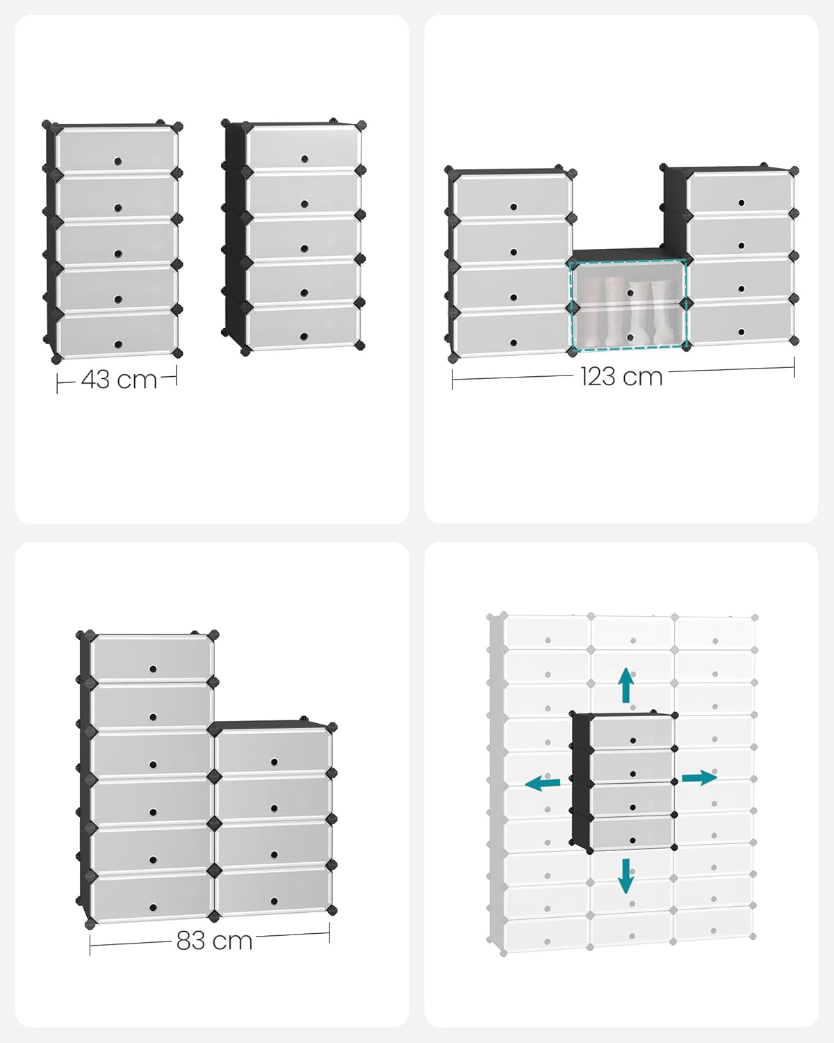 SONGMICS Dulap de depozitare pantofi modular, configurabil cu 10 compartimente, 43x31x173 cm, negru