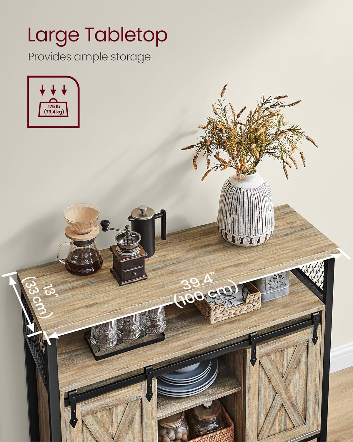 VASAGLE Comoda pentru living sau bucatarie, cu 2 usi glisante, rafturi reglabile, stil rustic, 33x100x80 cm, maro natur