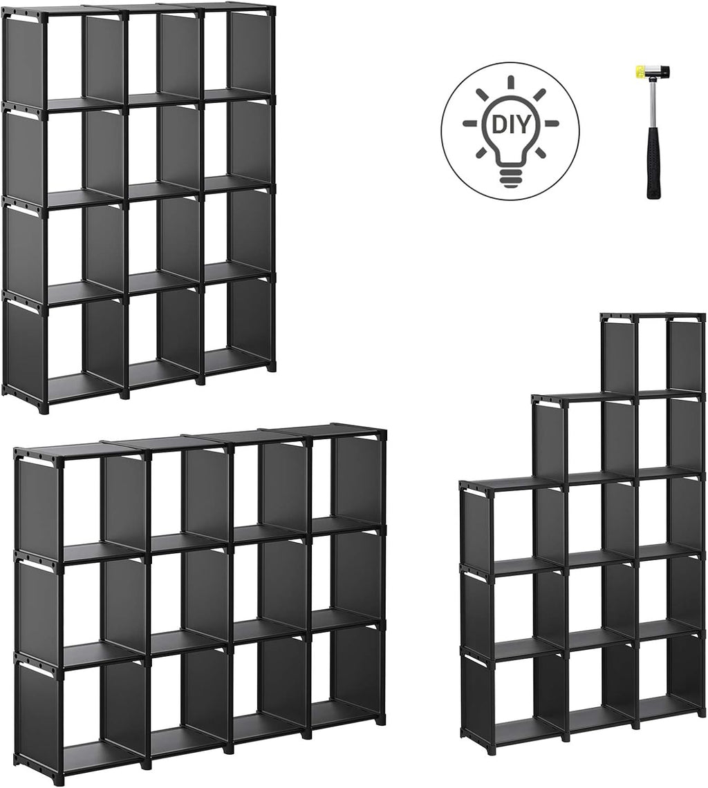 SONGMICS Raft de depozitare modular cu 12 cuburi, textil, personalizabil, 30x105x140 cm, negru