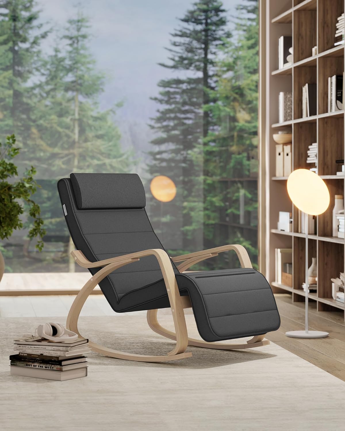 SONGMICS Scaun balansoar din lemn, suport picioare reglabil, maxim 150kg, 67x122x84 cm, gri inchis