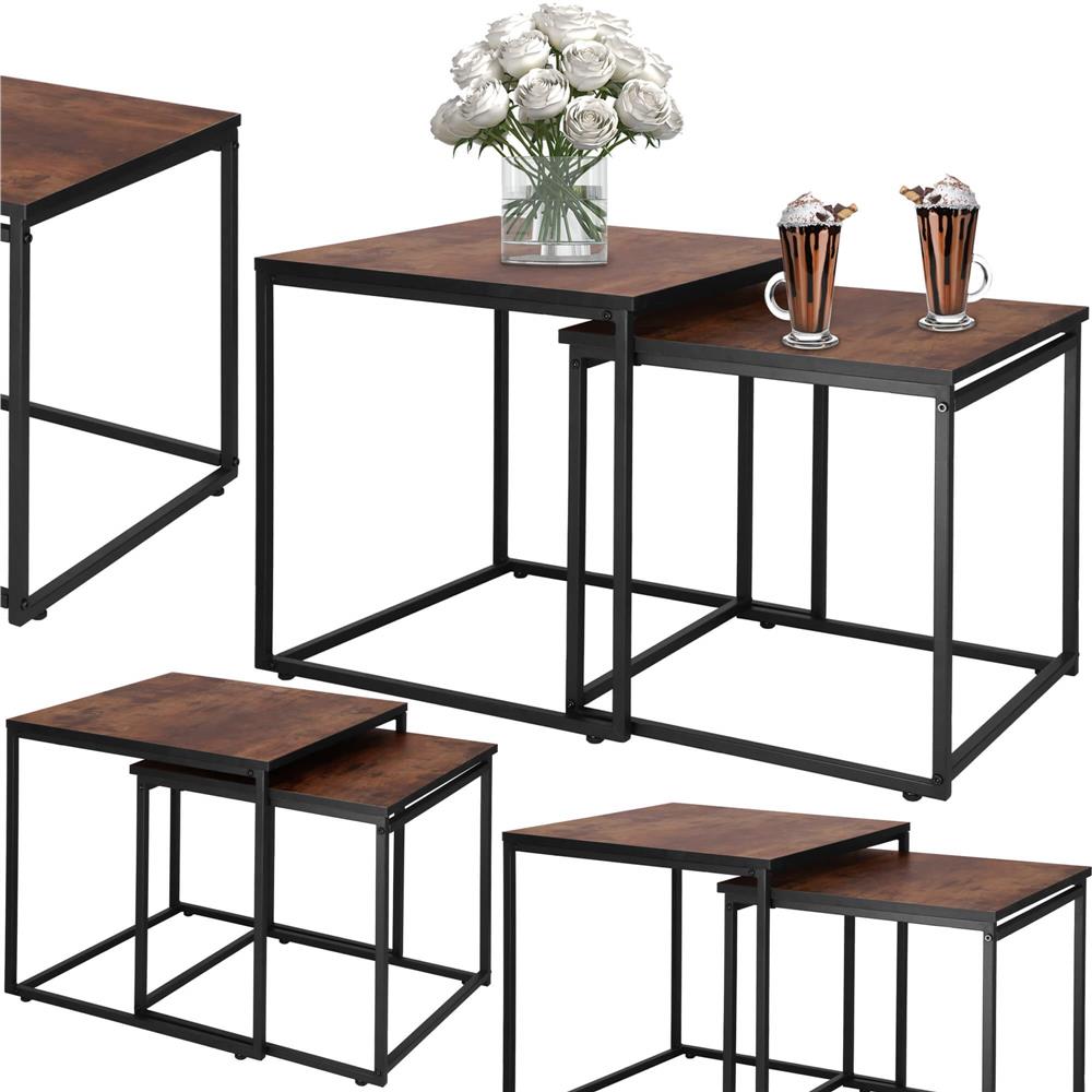 Set 2 mese pentru cafea, cadru otel, stil industrial, 50x50x52 cm si 45x45x47 cm, maro
