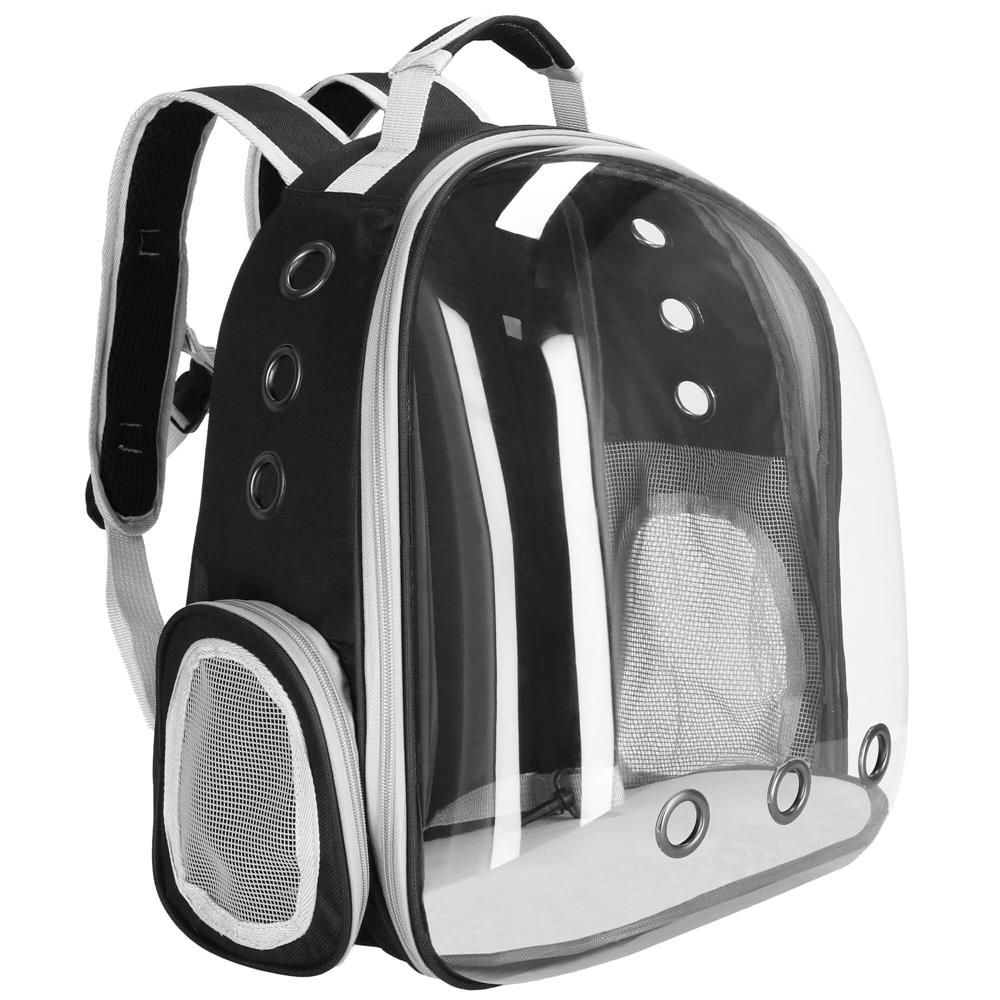 Rucsac transport animale talie mica-medie, maxim 12 kg, hublou panoramic transparent, buzunare laterale, gri