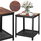 Masa de cafea patrata, noptiera cu cadru otel si polita de depozitare, 45x45x55 cm, maro rustic