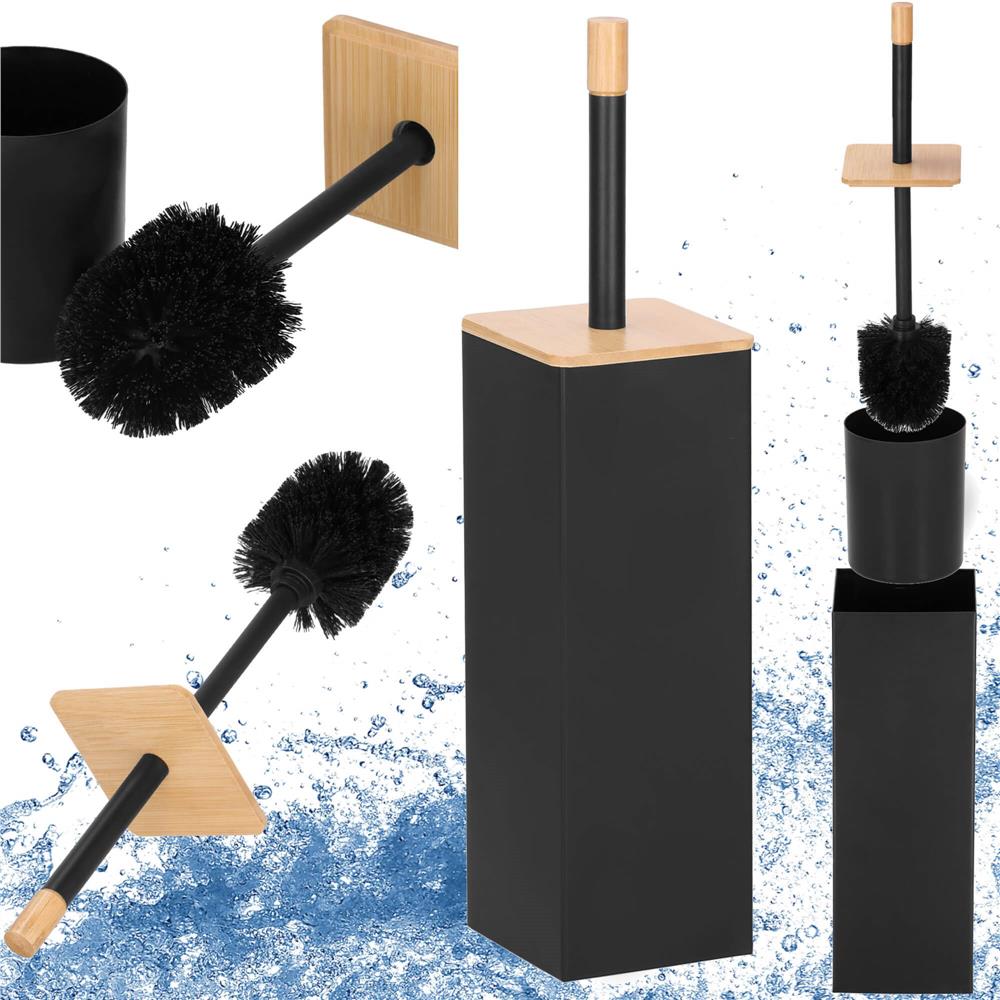 Perie WC cu rezervor detasabil si capac, din metal si bambus, 40 cm, negru