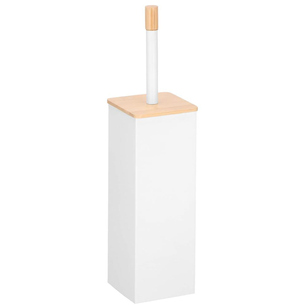 Perie WC cu rezervor detasabil si capac, din metal si bambus, 40 cm, alb
