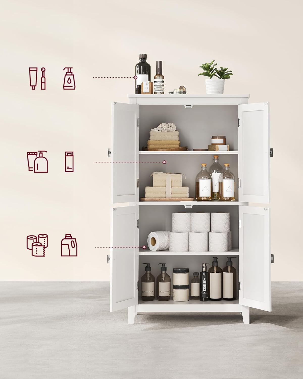 VASAGLE Dulap de baie, din MDF, cu 2 compartimente si 4 usi, rafturi reglabile, 30x60x110cm, alb