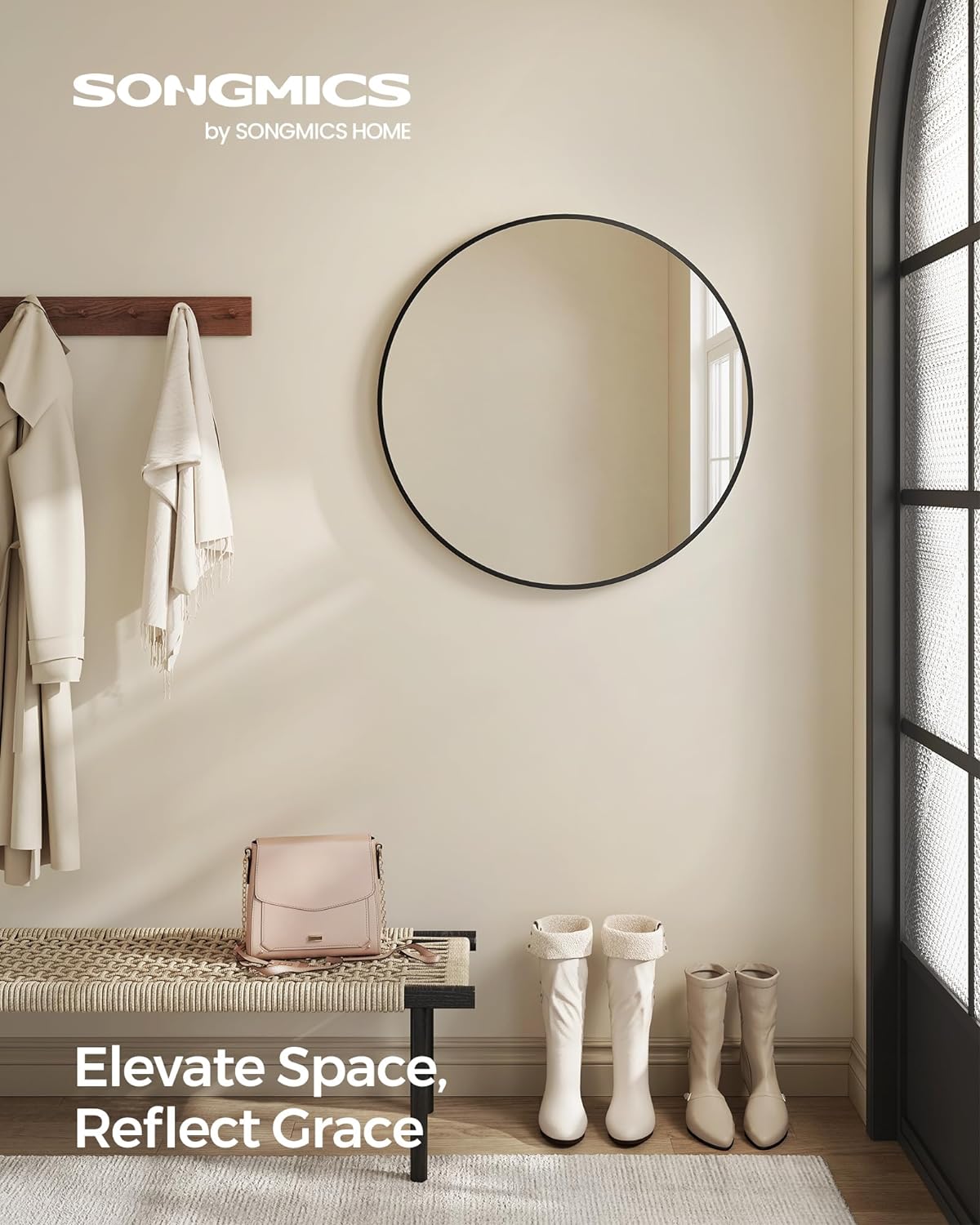 Oglinda de perete SONGMICS, oglinda rotunda, oglinda de baie, diametru 61 cm, cadru metalic, pentru sufragerie, dormitor, baie, hol, negru