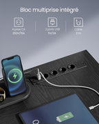 VASAGLE Birou in forma de L, suport monitor, raft si 2 sertare, 4 prize si 2 USB, 120x150x76 cm, negru