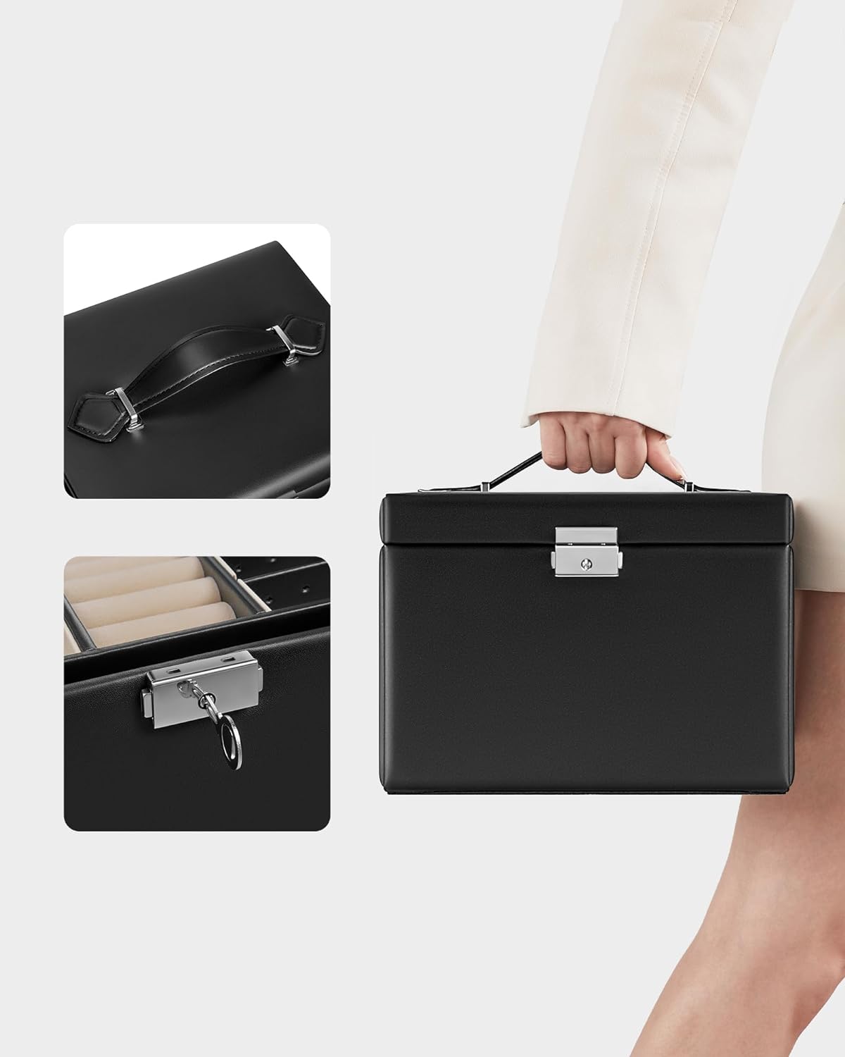 SONGMICS Cutie de bijuterii cu 4 nivele, 3 sertare, oglinda si incuietoare, 18x23x17cm, negru