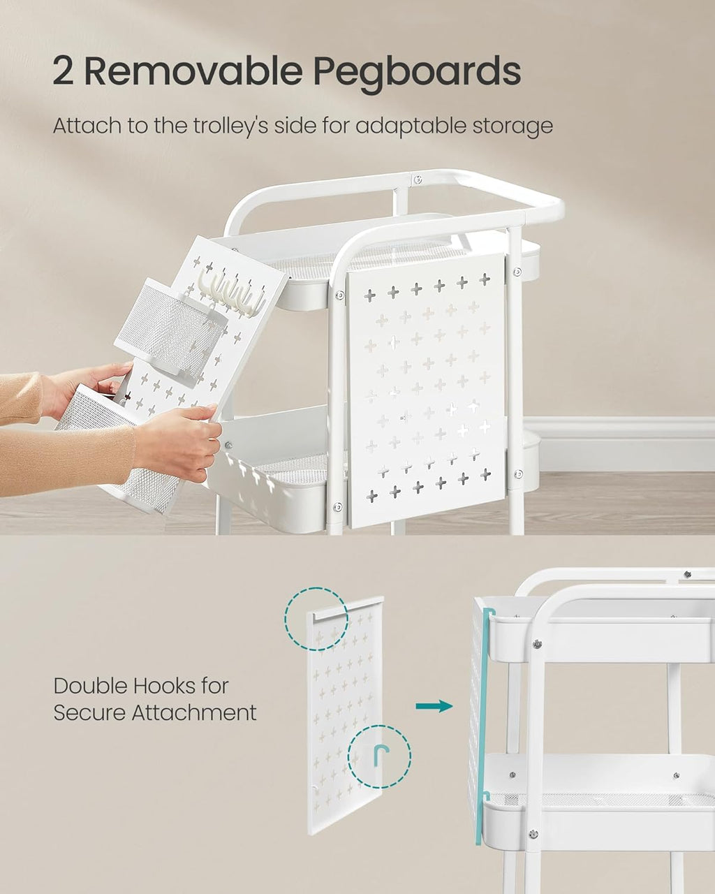 SONGMICS Raft de depozitare mobil tip carucior rulant, pentru baie sau bucatarie, cadru otel, 32x43x74 cm, alb