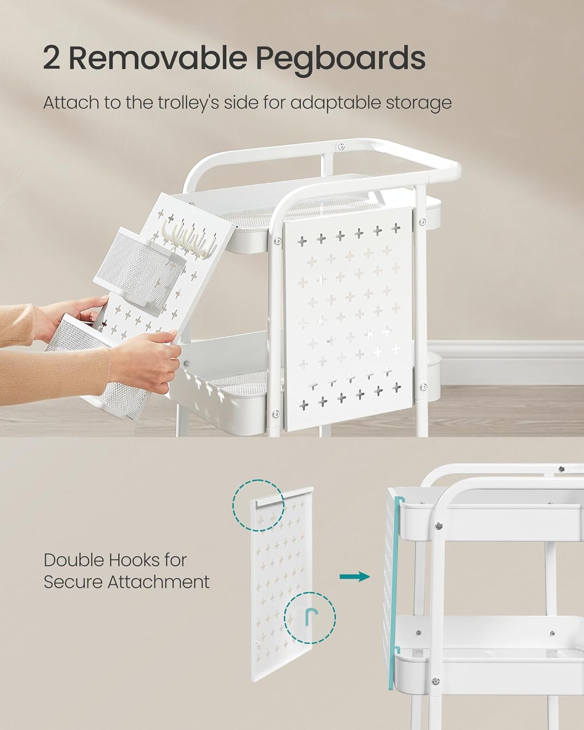 SONGMICS Raft de depozitare mobil tip carucior rulant, pentru baie sau bucatarie, cadru otel, 32x43x74 cm, alb